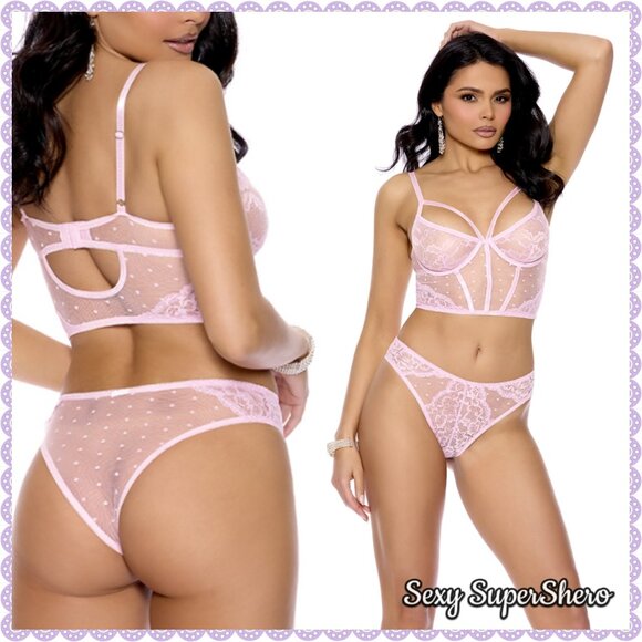 🆕🩷Sexy 2 Piece Mesh & Polka dot Lace Underwire Lingerie Set - Picture 1 of 4